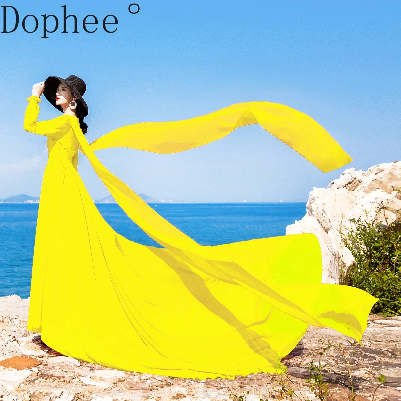 

Mopping Floor Yellow Chiffon Dress Spring Summer Elegant Bohemian Beach Trailing Long Dress Solid Color Ruffles Women Dresses