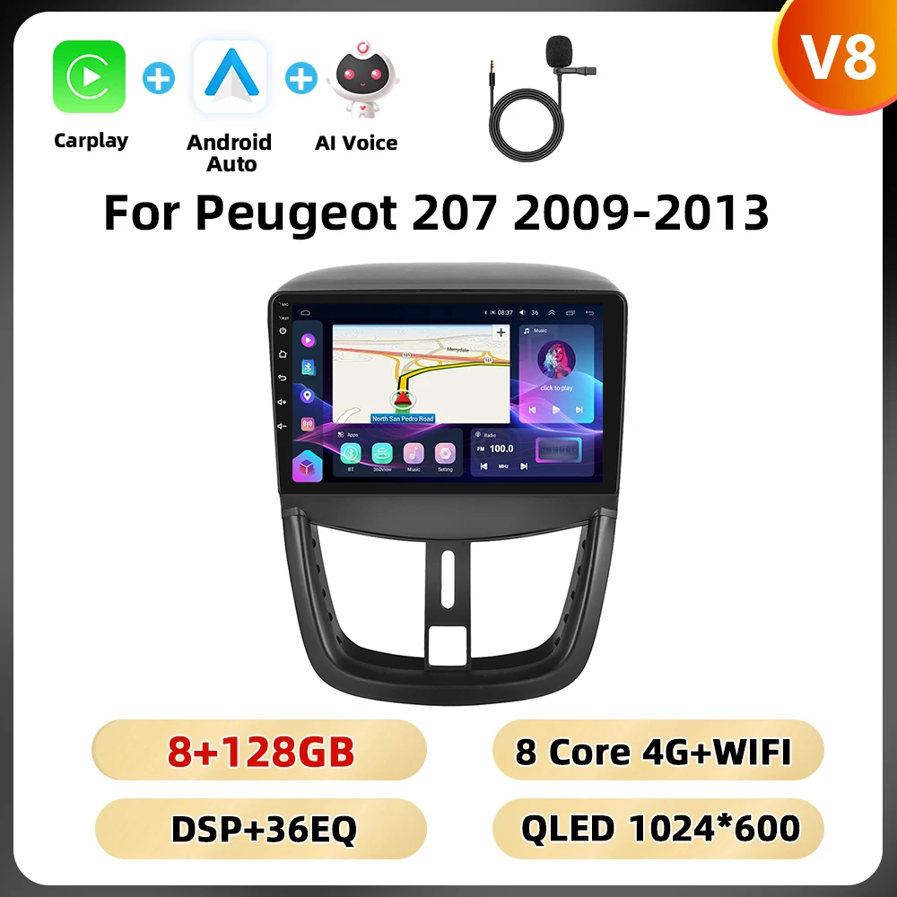 Podofo 8Core Qualcomm Autoradio Voor Peugeot 207 2009-2013 Multimedia Speler Carplay Android Auto 8 + 128G WIFI 4G GPS Auto Stereo