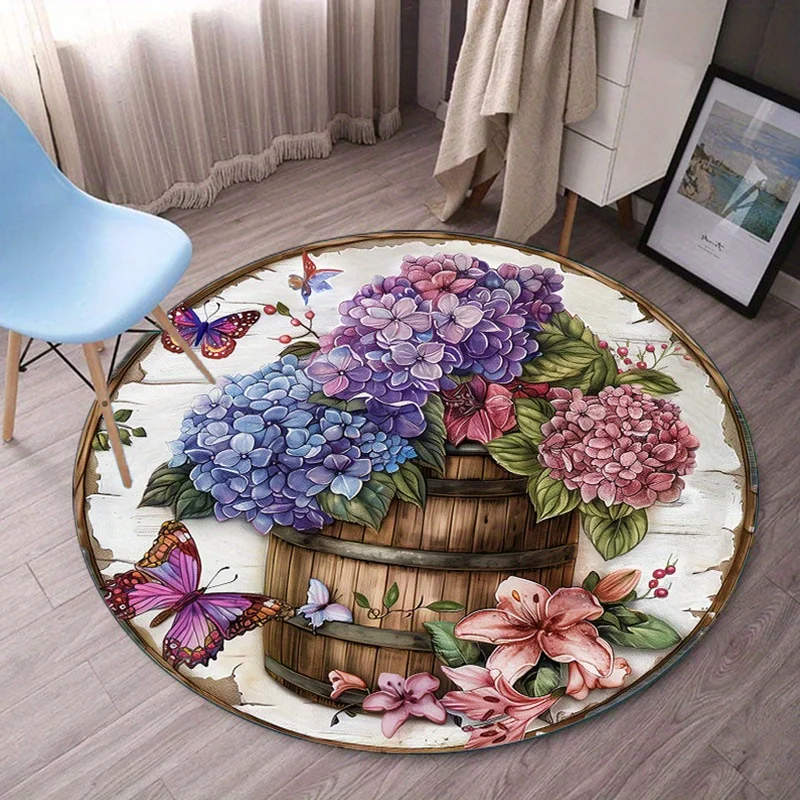 

Круглый ковер с цветочной гортензией и бабочкой для гостиной, спальни, мягкий плюшевый ковер, украшение для дома, ковер с 3D принтом, современный стиль