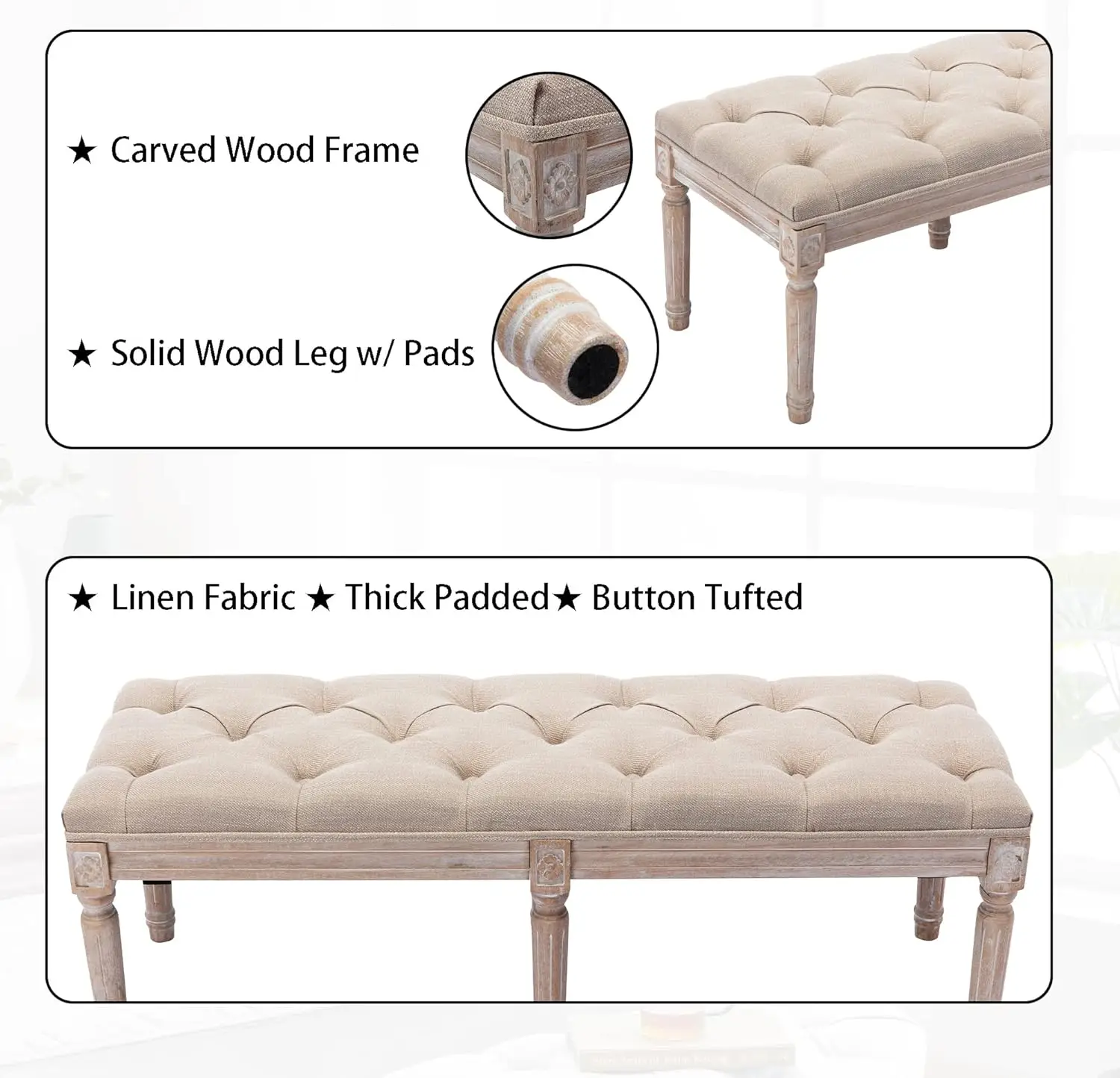 Eetbank Franse vintage stof gestoffeerd hout Eetkamerbank Rustieke entreebank Slaapkamer eindbedbank, Beige