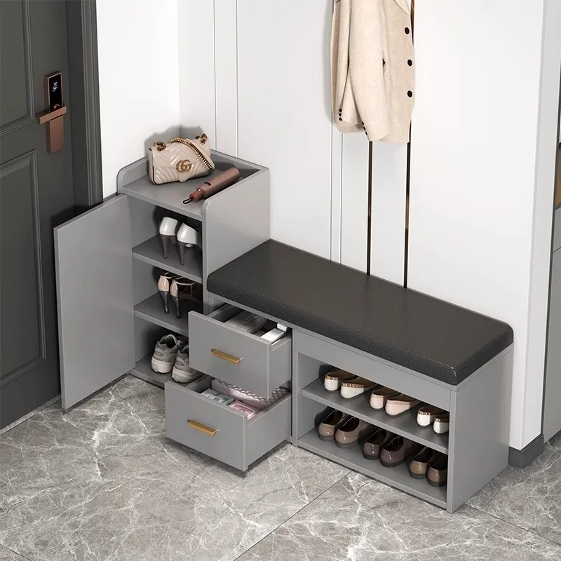 

indoor small narrow entrance door, dustproof, small seated shoe changing stool, corridor shoe cabinet