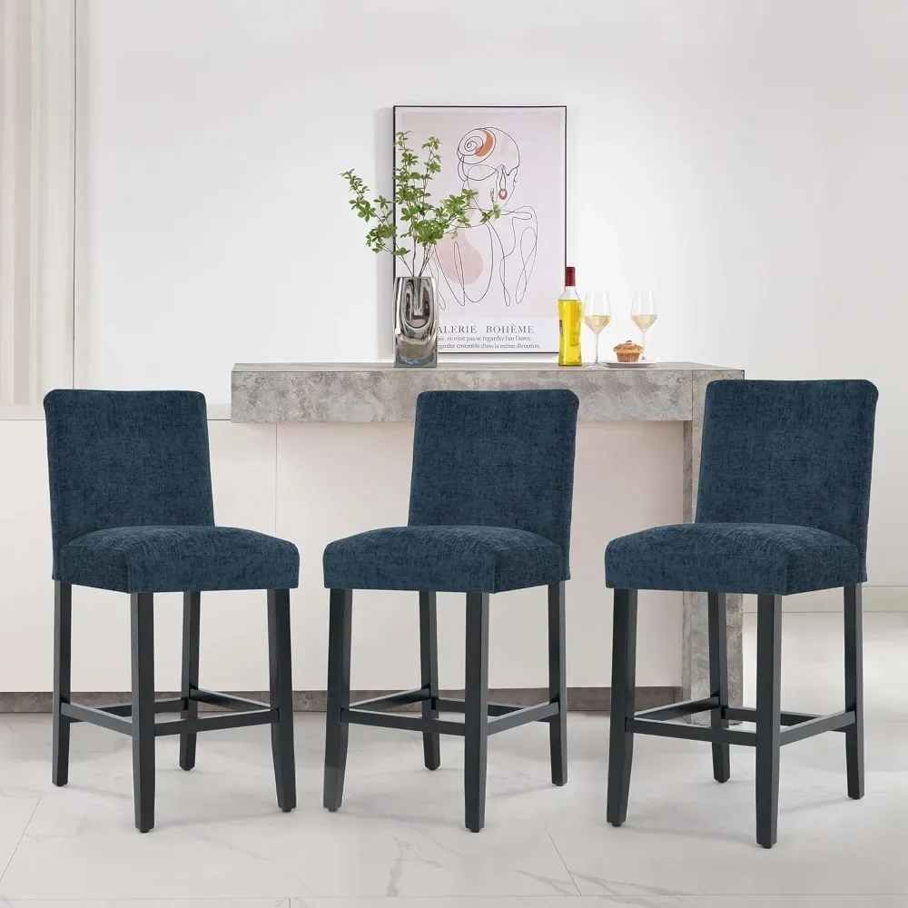 26'' Velvet Chenille Bar Stools Set of 3, Modern Upholstered Bar Height Bar Chairs, Soild Wood Legs Barstools with Back