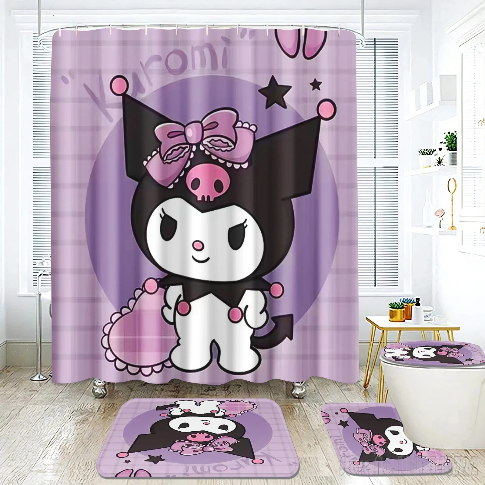 Sanrio Kuromi Anime Bath Shower Curtain Set 4pcs with Hooks Cartoon Decor Waterproof Bathroom Toilet Mat Lid