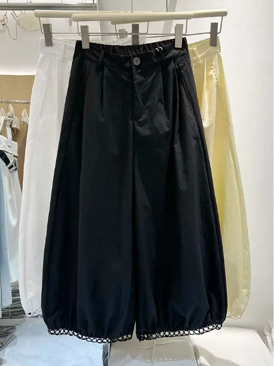 여름 얇은 레이스 트림 랜턴 팬츠 여성용 나인 포인트 슬림 와이드 레그 팬츠 벌룬 팬츠 캐주얼 바지