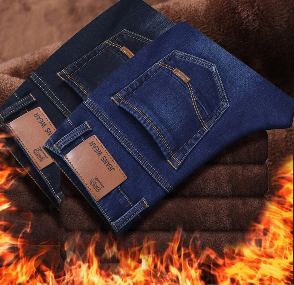 Winter Thick Plus Velvet Men Middle waist Skinny Jeans Simple Fleece Warm Slim fit Stretch boy Casual Denim Pencil Pants