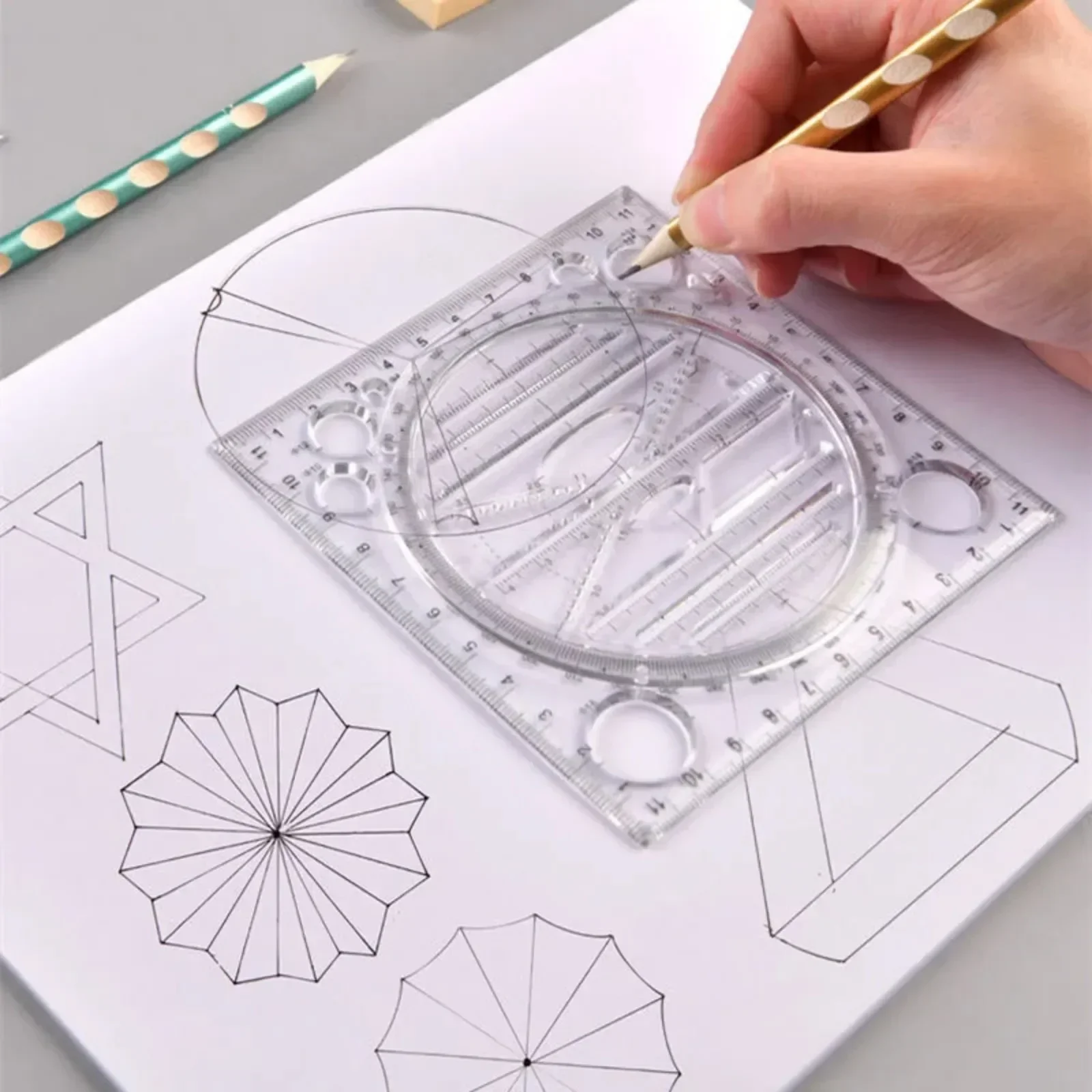 Multi-function Rotatable Drawing Template Art Design Construction Architect Geometry Circle Drafting Measuring Scale Ruler Tools