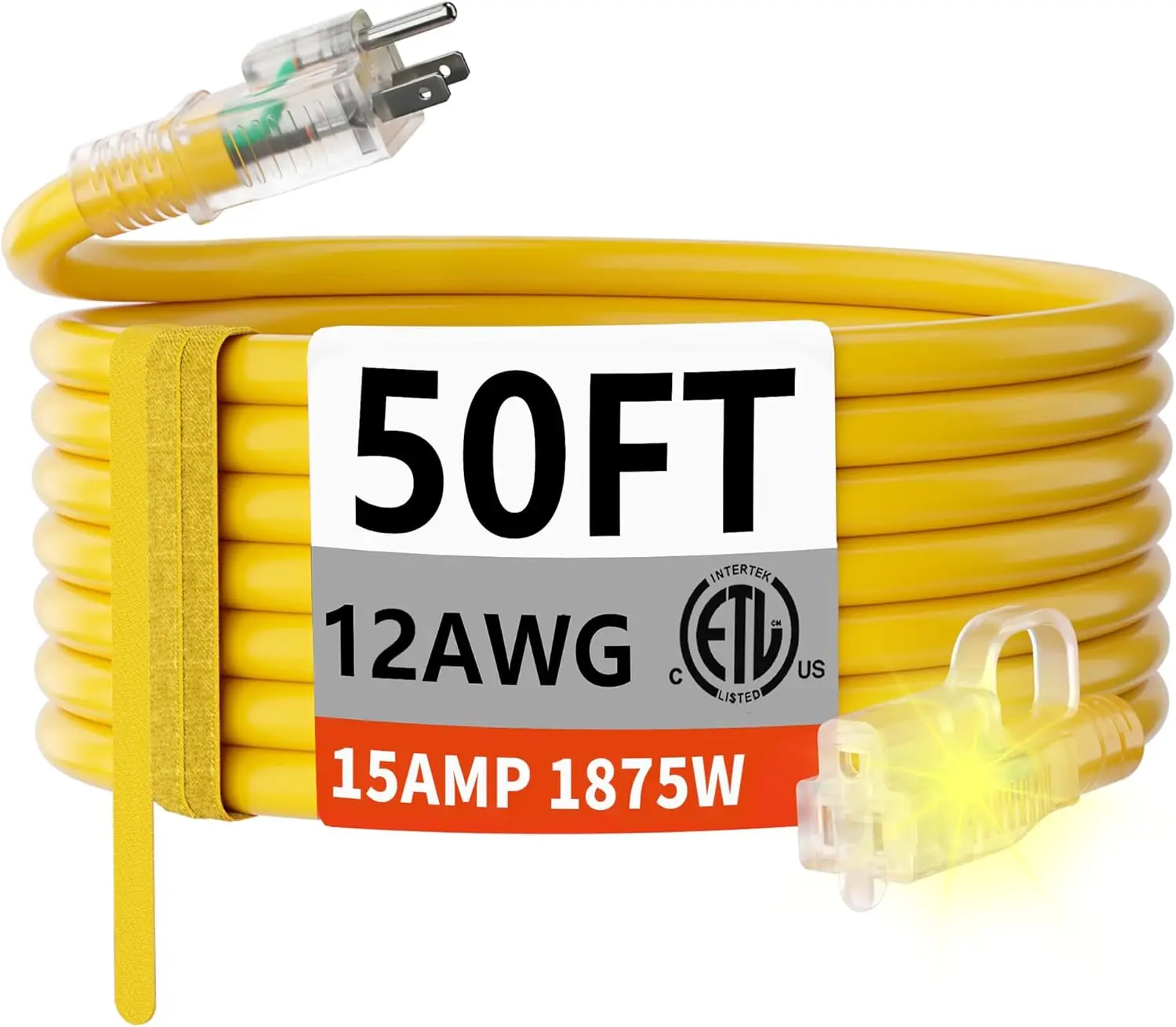 

50 FT 12/3 Gauge Heavy Duty Outdoor Extension Cord Waterproof with Lighted end, Flexible Cold-Resistant 3 Prong Electr