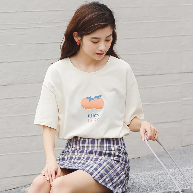 Women Casual Round Neck Short Sleeve Kawaii Tops 2024 New Cute Fruit Print T-shirts Female Summer Sweet Korean College Tees Ins