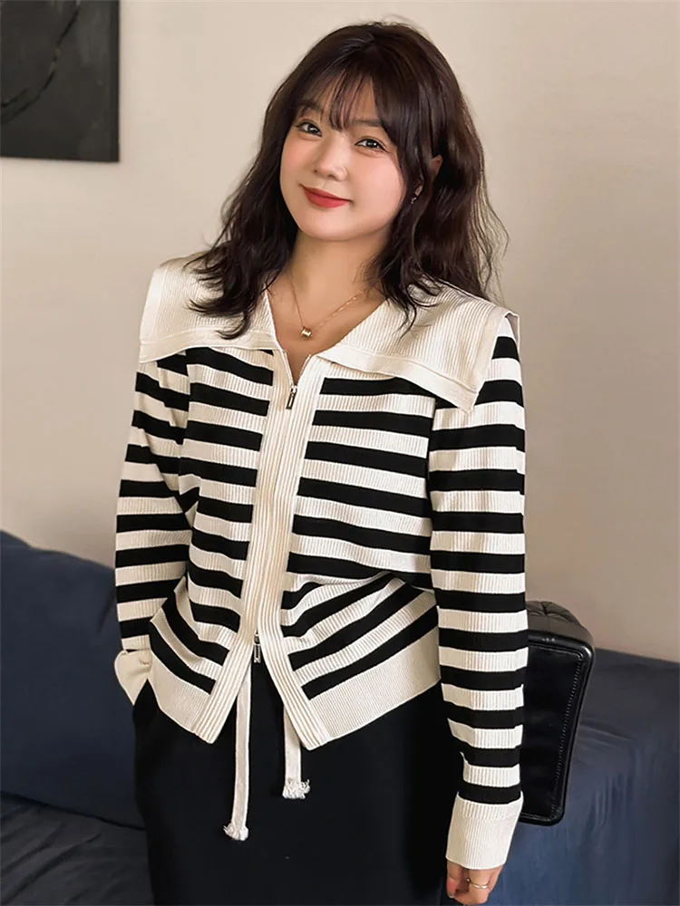 

Oversize Women's Sailor Collar Striped Knit Cardigan Jackets Zip-up Sweater Coat Lady Short Tops Spring Autumn Loose Sweaters