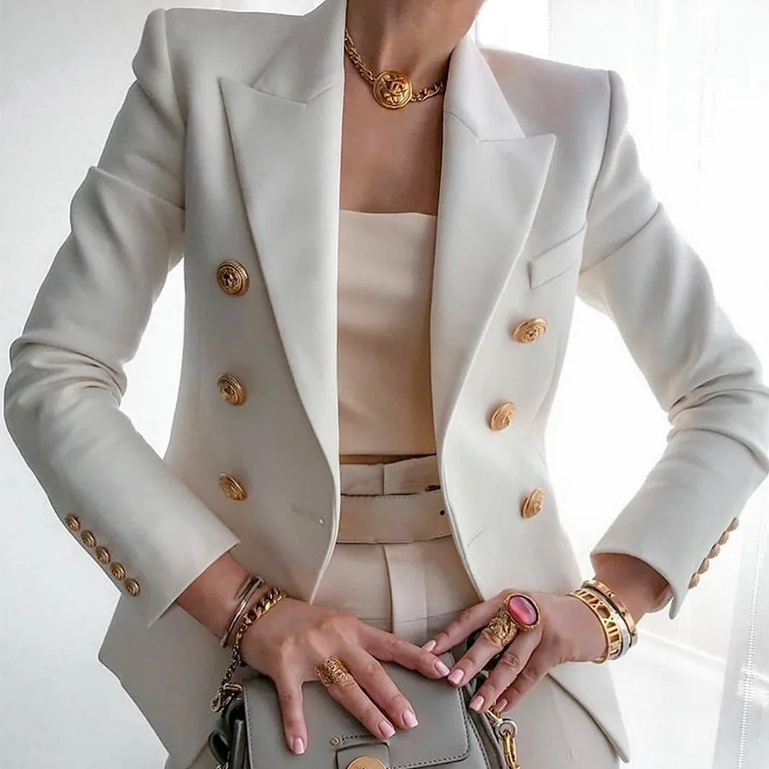 Chic Blazer Woman 2024 Autumn Long Sleeve Double Breatsed Lapel Solid Coat Slim Casual Jackets Vintage Blazers Women Outwears