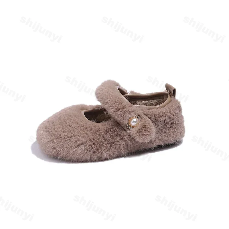 2024 Winter New Children Flat Shoes Fur Cover Toe Light Warm Kids Casual Shoe Plush Warm Non-slip Leisure Comfy Boys Girls Shoe