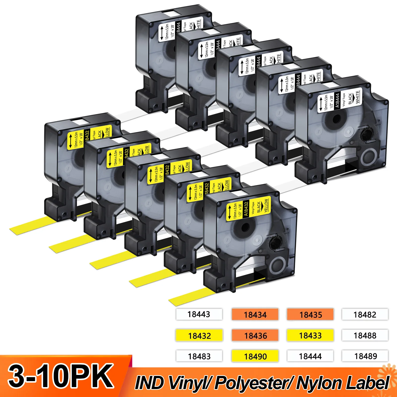 

3-10PCS Industrial Labels Compatible for DYMO Rhino A18444 A18432 A18483 A18488 12mm 19mm IND Vinyl/ Polyester/ Nylon Label Tape