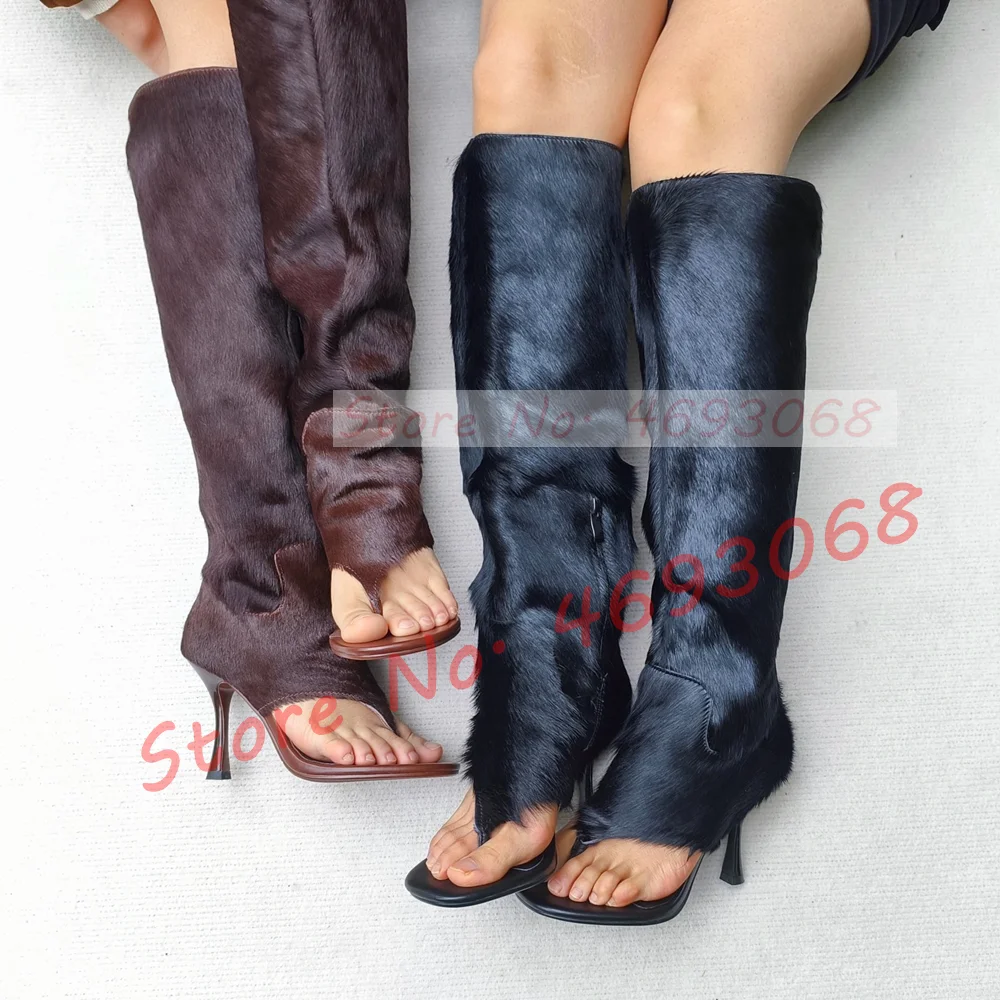 

Horsehair Thong Knee High Boots Women Stylish Custom Soft Rabbit Fur Cutout Tall Boots Summer Open Toe High Heel Furry Chic Shoe