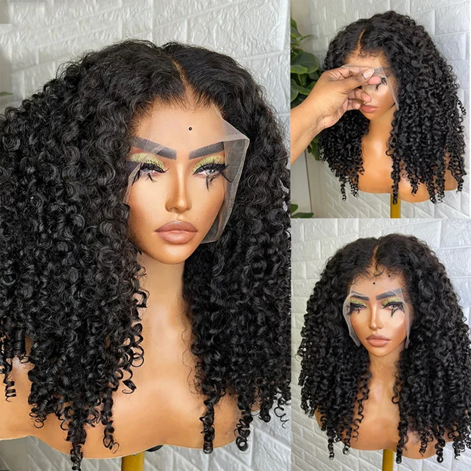 180Density 26Inch Long Black Glueless Kinky Curly Lace Front Wig For Women With Baby Hair Preplucked Daily