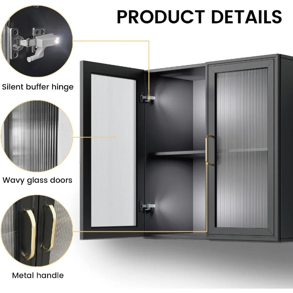 

LED Wall Storage Cabinets - Upper Kitchen Cabinets Laundry Wall Mounted Cabinets with 4 Acrylic Glass Doors and Shelf, in Black