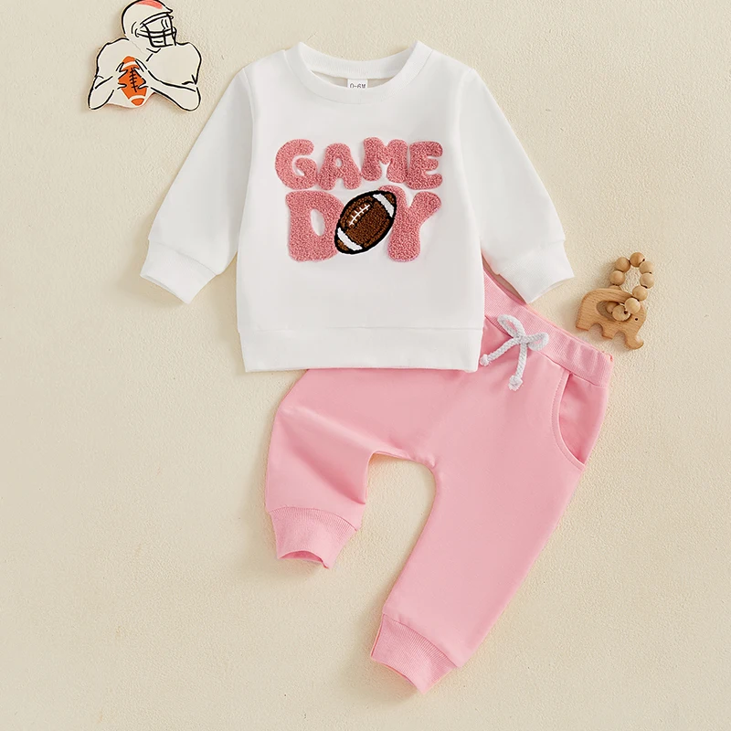 

Infant Girls 2 Piece Autumn Outfits with Long Sleeve O Neck Rugby Embroidery Tops and Drawstring Pants Set for Toddlers