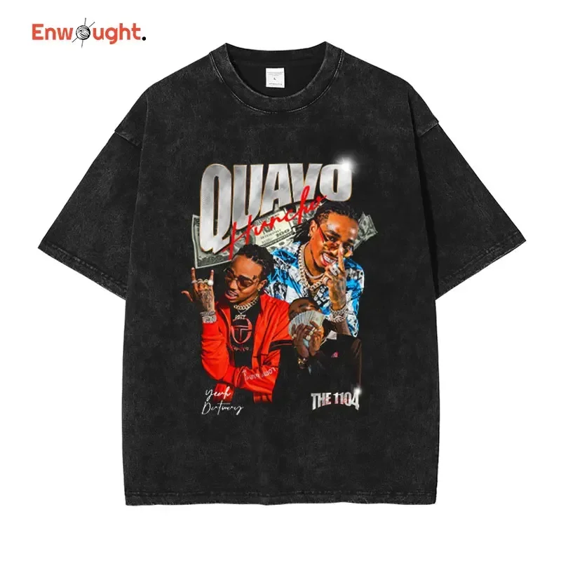 Summer Quavo T Shirt Hip Hop Rapper Huncho Rock Vintage Washed Top Tees Oversized T-shirt Harajuku Short Sleeve Men 100% Cotton