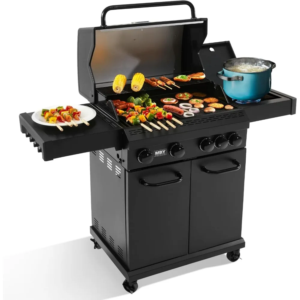 

4 Burner Propane Grill,50000 BTU BBQ Grill with Side Burner and Enameled Cast Iron Grates,Visible Window Gas Grill with Wheels f