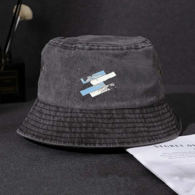 Vintage Washed Distressed Bucket Hat With Ocean Wave Palm Shadow Graphic Logo Unisex Cotton Fisherman Cap Streetwear Sun Hats