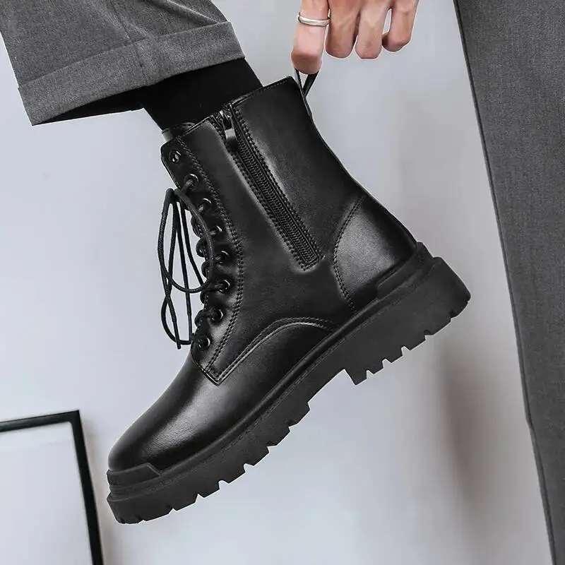 12cm 10cm Men's height increase Boots Men's High top Boots British Black Leather Boots Classic cos height shoes Lace up shoes ﻿