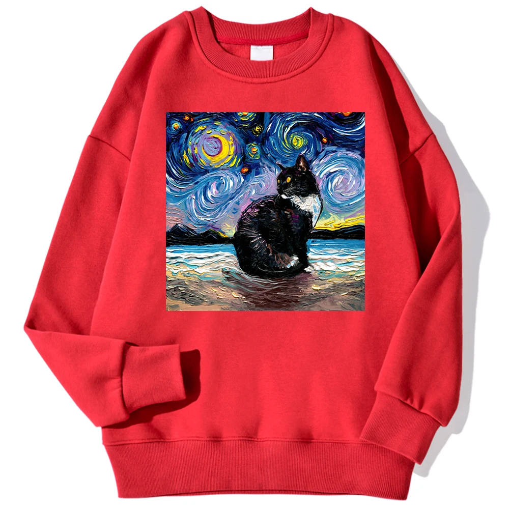 Cat Starry Sky Universe Prints Male Sweatshirt Fashion Loose Autumn Hoodies Soft Fleece Casual Pullovers Simple O-Neck Clothes