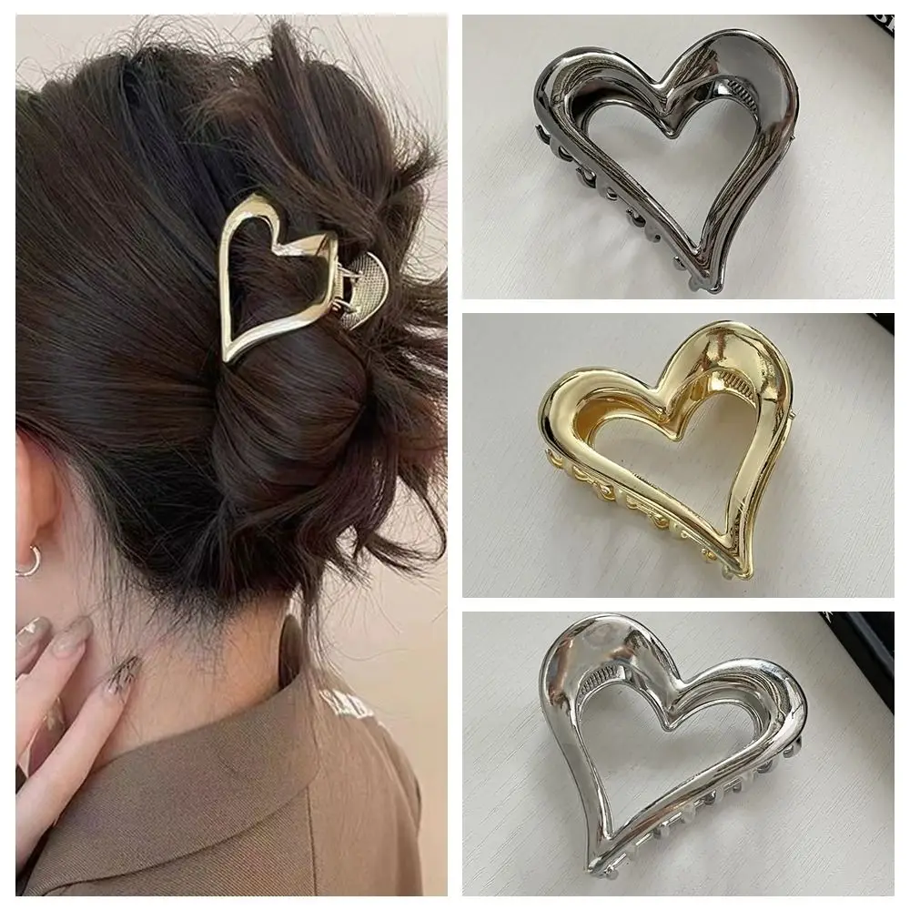 Y2k Love Heart Metal Hair Claw Cute Kroean Style Alloy Ponytail Claw Clip Ponytail Holder Hairpin Geometric Shark Clip Daily