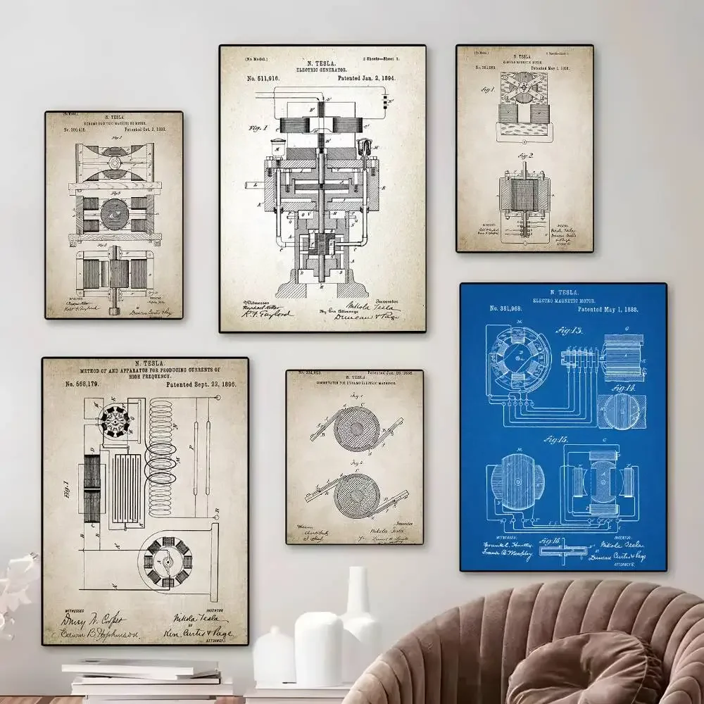 نيكولا تيسلا موتور براءة اختراع مخطط الفن قماش HD الجمالية ورق طباعة جدار الفن لغرفة المعيشة بار ديكور المنزل الموضة