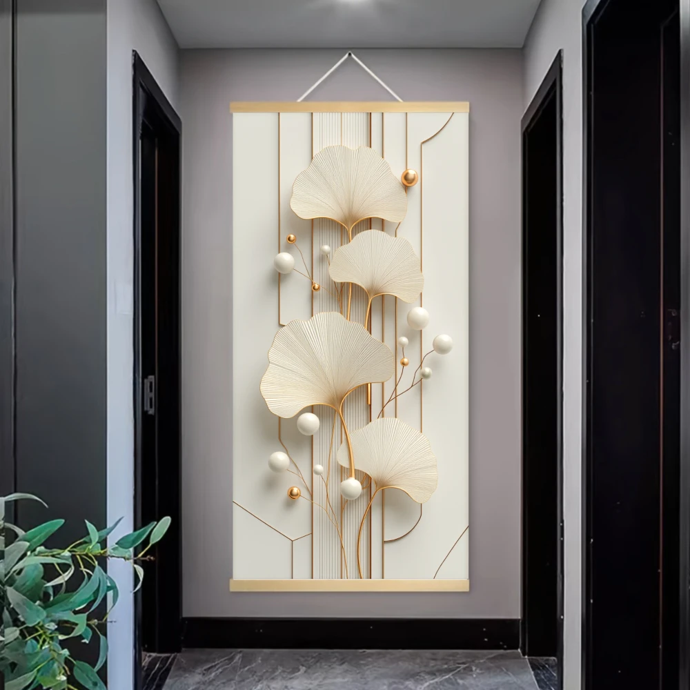 2D Flat 1pcs Modern Ginkgo Leaf & Pearl Canvas Scroll Hanger Poster Print Art Poster Print,Minimalist White & Golden Wall Art