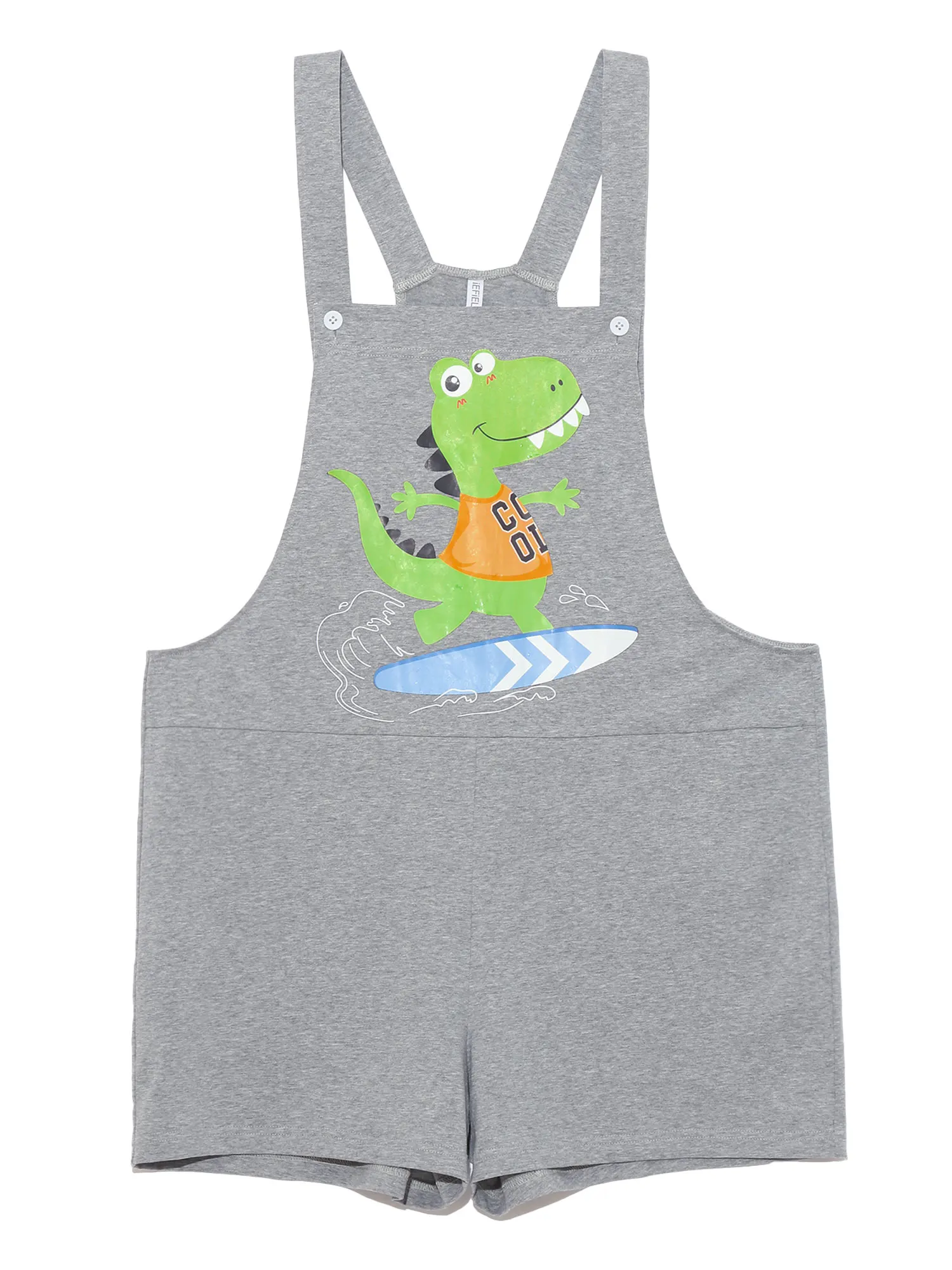 Men Dinosaur Printed Bib Shorts Romper Pajamas Adjustable Straps Back Color Block Pockets Soft Breathable Cotton for Sleep Home