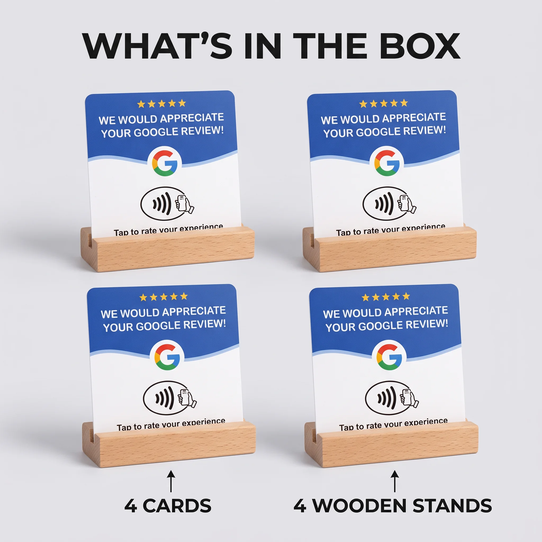 4-Pack Acrylic NFC Google Review Cards with Four Wooden Bases Included for Interactive Feedback And Reviews