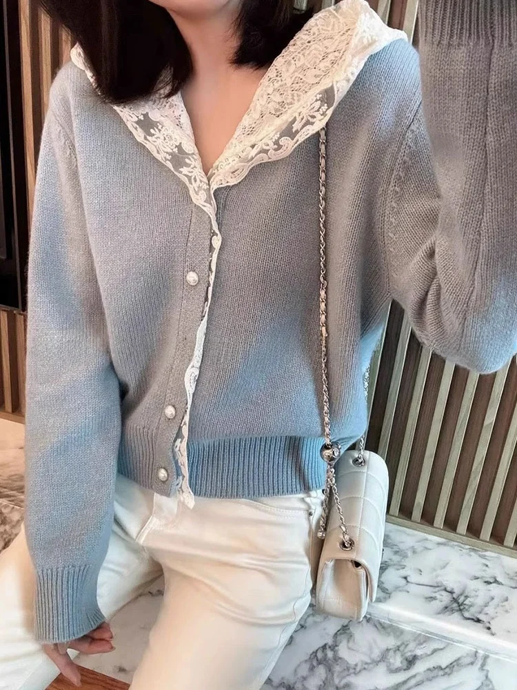 العصرية الدانتيل مقنعين محبوك سترة مفتوحة زر واحد تنوعا عارضة تخفيف ملابس خارجية الكورية Sle فضفاضة تناسب طويلة Sve #4