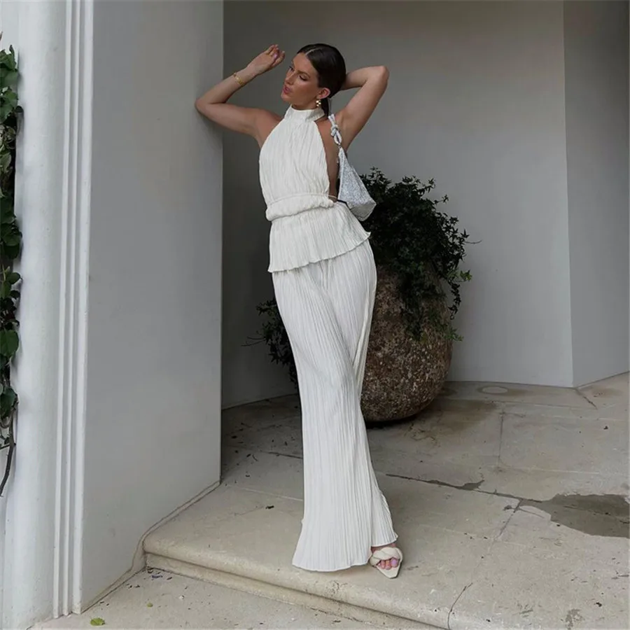 Sexy Backless Tank Top Set Woman 2 Piece Summer White Pleated Trouser Suits Female Elegant High Waist Wide Pants Set