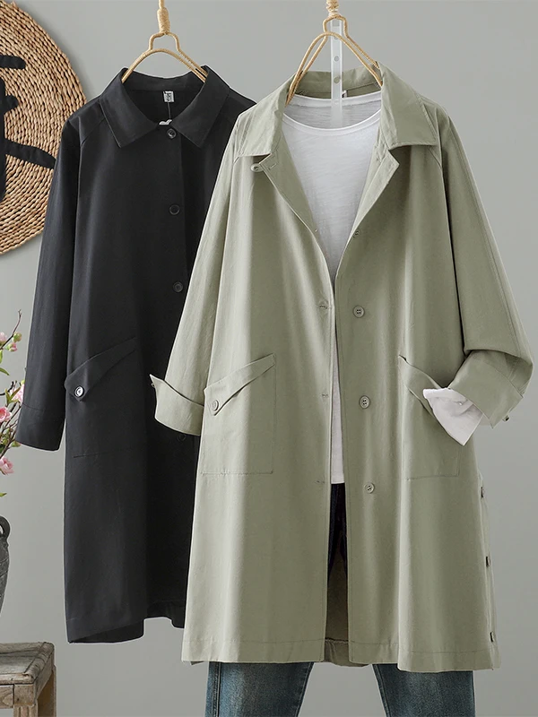 

Модная женская хлопковая ветровка средней длины больших размеров с воротником-стойкой и боковыми разрезами, повседневная весенняя верхняя одежда