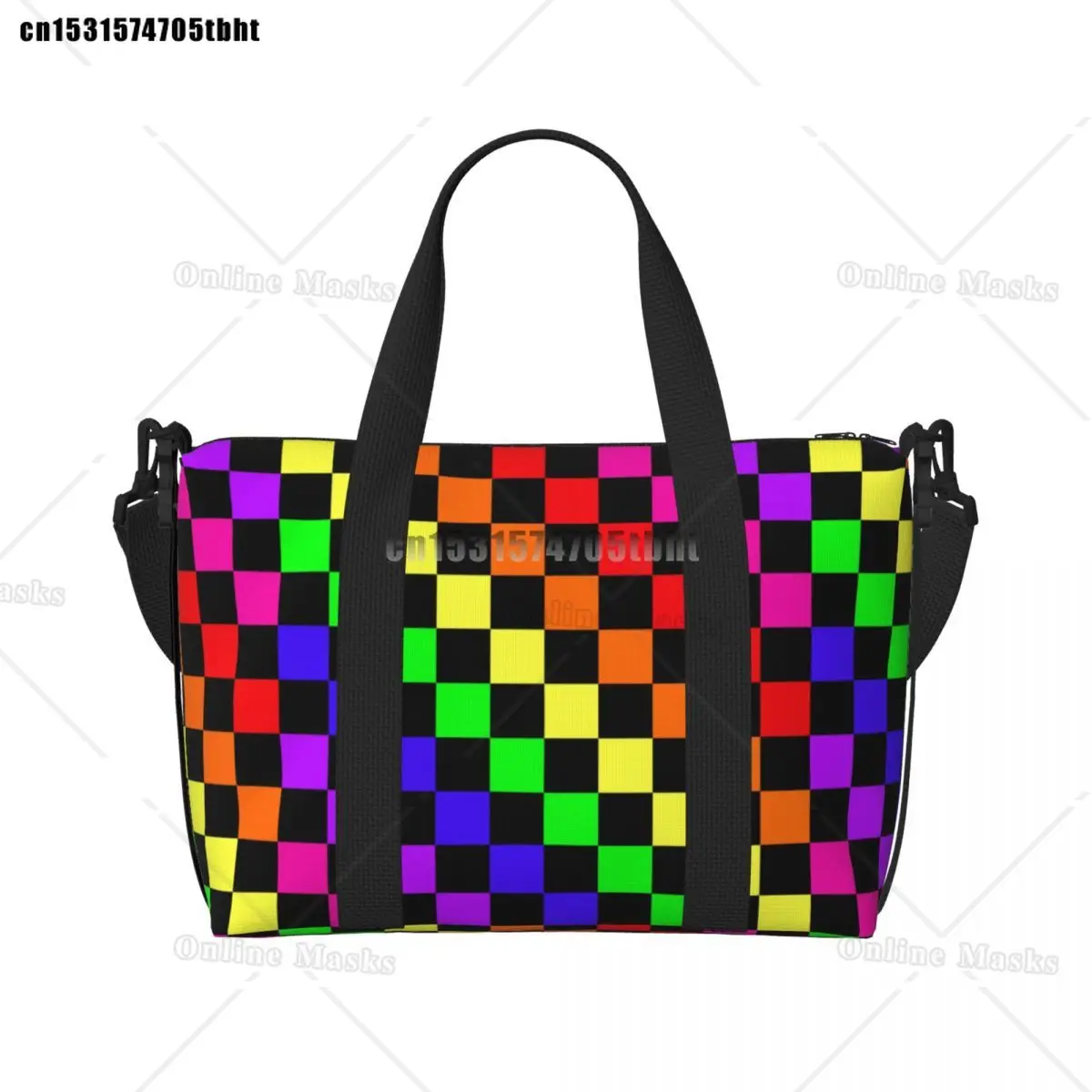 Black Ancient Scottish Tartan Beach Tote Bag Women Plaid Check Geometric Big Compartment Beach Gym Travel Bags