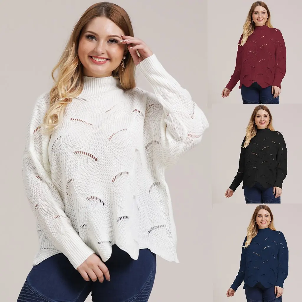 

Large Size High Collar Cut out Women's Pullover Sweater Pure Color Simple European American Style Ready-Made A190703
