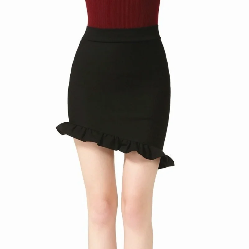 

Высокоэластичные нейлоновые хлопковые женские юбки с высокой талией, с оборками, асимметричные, черные, профессиональные