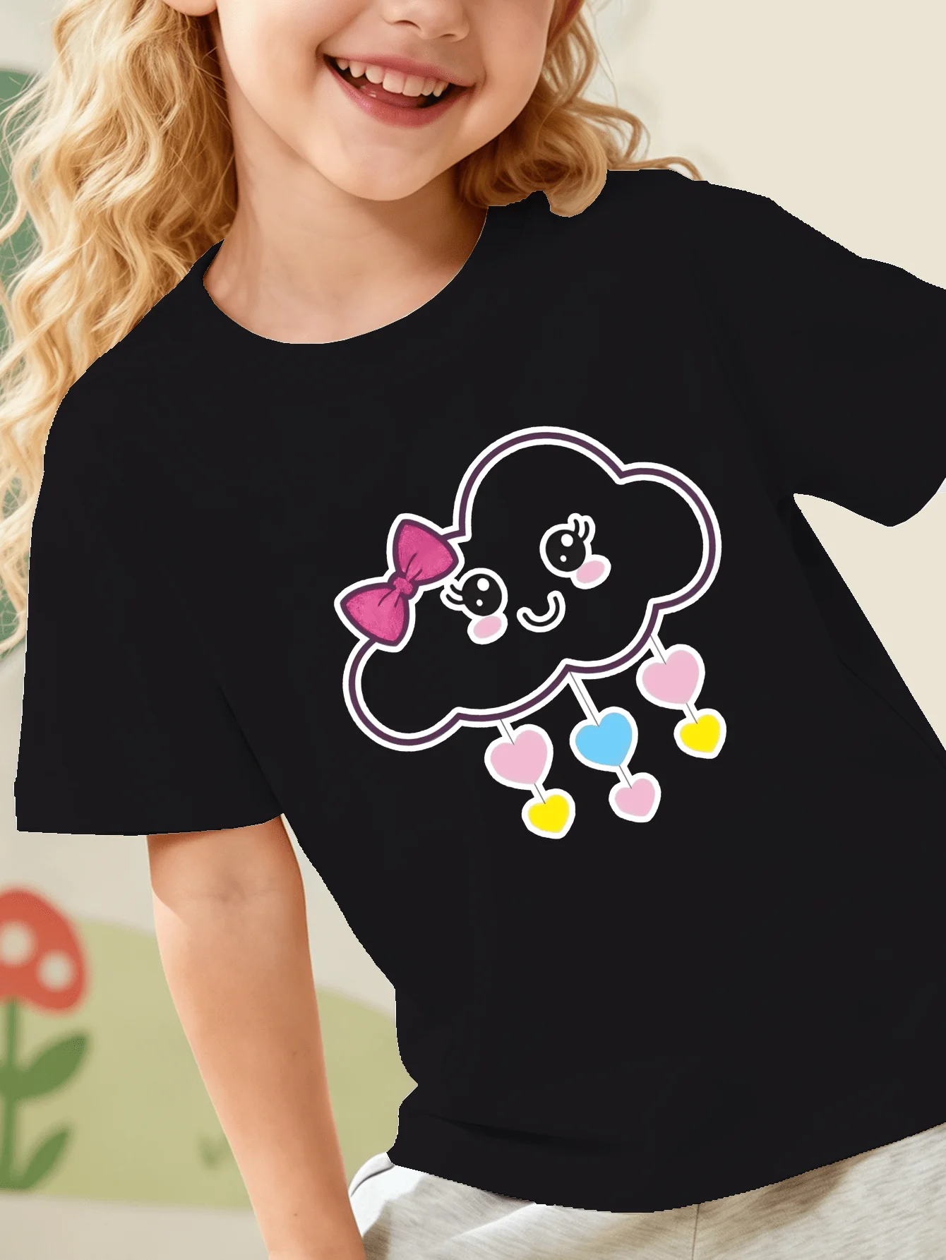 Family Matching T Shirt Cute Smiley Cloud Bow Colorful Hearts Graphic Print Short Sleeve Tee Boys Girls Casual Cotton Kids Tops