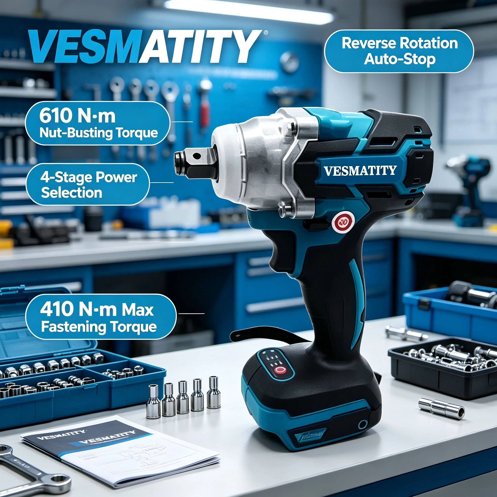VESMATITY Cordless Impact Wrench DTW600 Brushless High Torque 18V 20V Rechargeable Auto Tire Repair Max Pro Tool