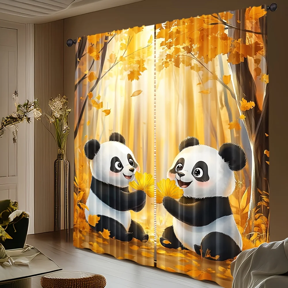 2pcs Autumn Panda Bamboo Forest Curtains Blackout Drapes for Kids Room Nursery Cute Animal Decor Golden Leaf Nature Print Panels