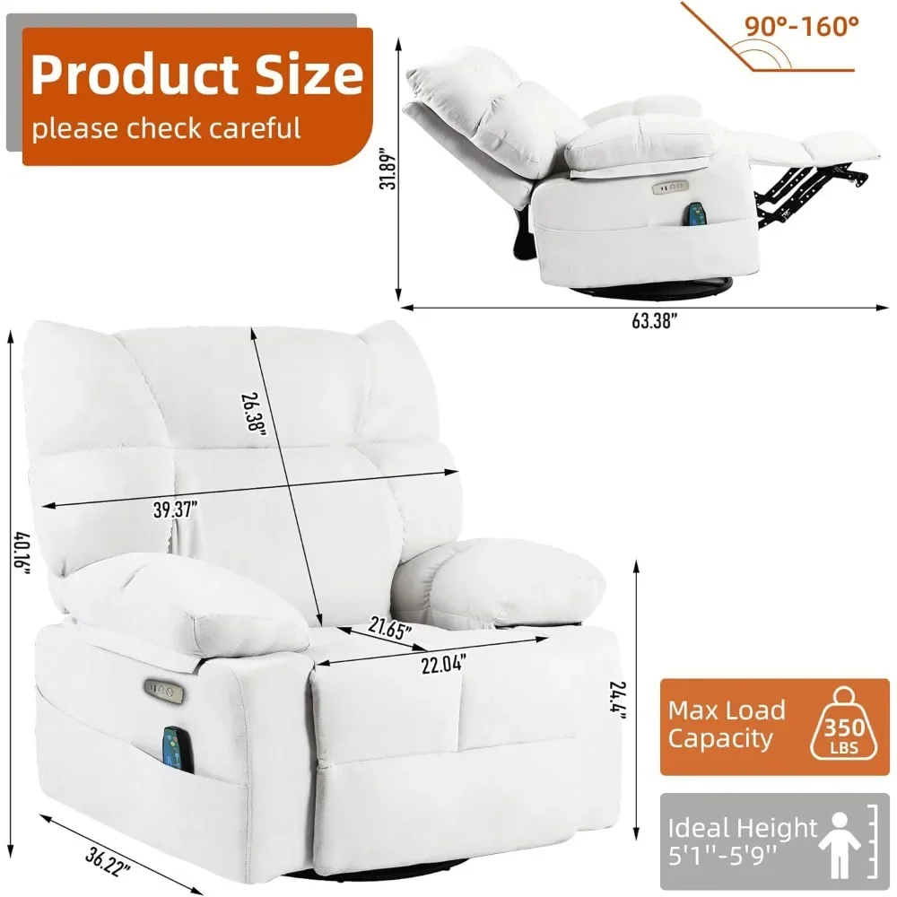 Recliner Chair, Swivel Massage Rocking Recliner Chairs for Adults with Heated, USB & USB-C Ports, Modern Single Lounge Sofa