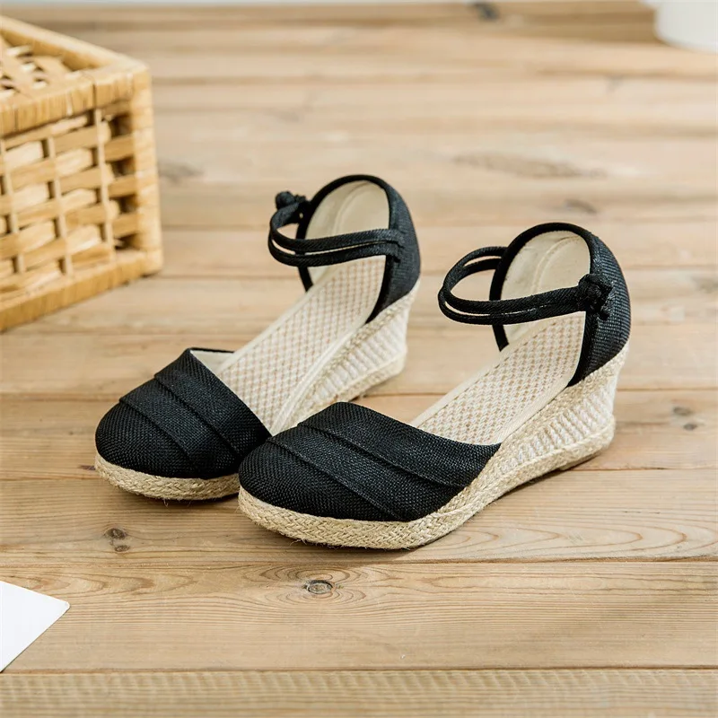 Veowalk Vintage Women Sandals Casual Linen Canvas Wedge Sandials Summer Ankle Strap 6cm Med Heel Platform Pump Espadrilles Shoes