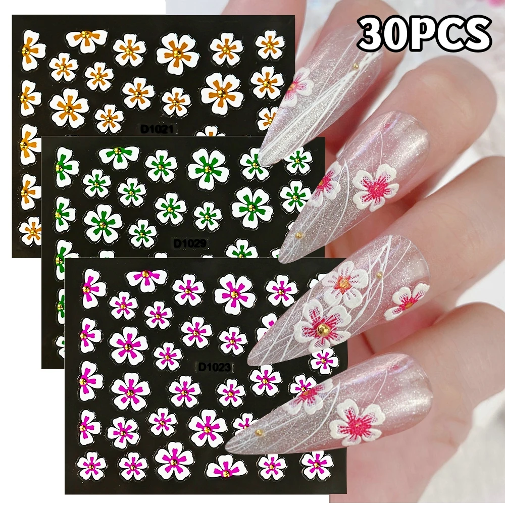 30Pcs/6*5cm Colorful Flower Nail Art Stickers Rose/Green/Yellow Small Floret With Beads Gel Nail Decals DIY Manicure Decorations