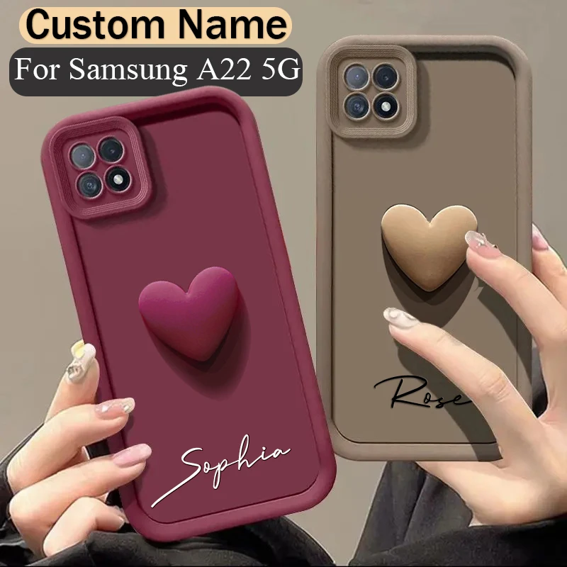 For Samsung Galaxy A22 5G Personalized Custom Name Case A22 5G 3D Love Heart Candy Bumper Cover A22 5G