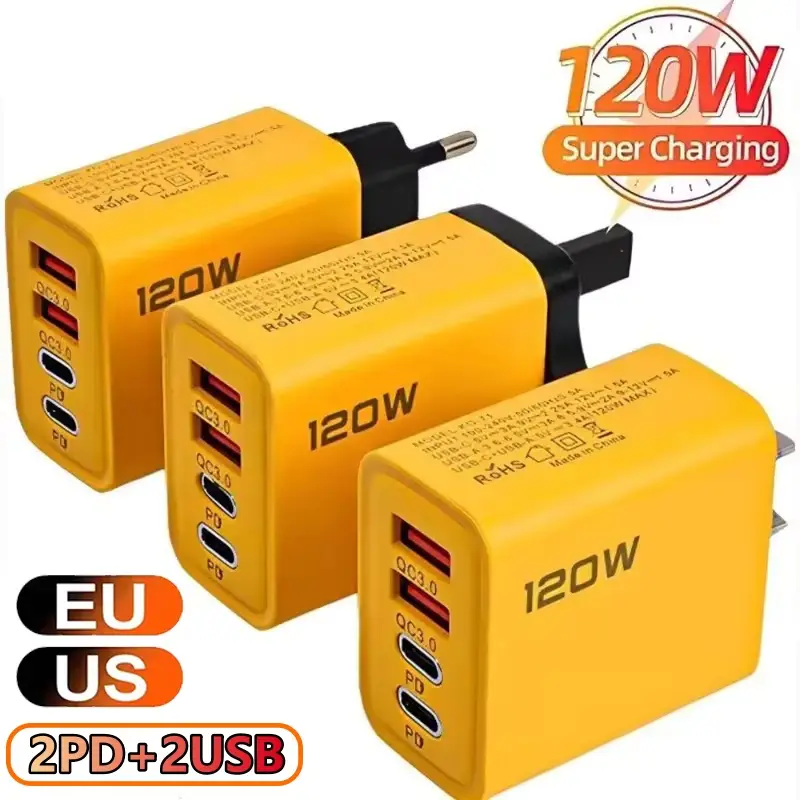총 120W USB 타입 C 충전기 4포트 고속 충전 USB 휴대폰 충전 어댑터 아이폰 삼성 샤오미 퀵 차지 월 충전기