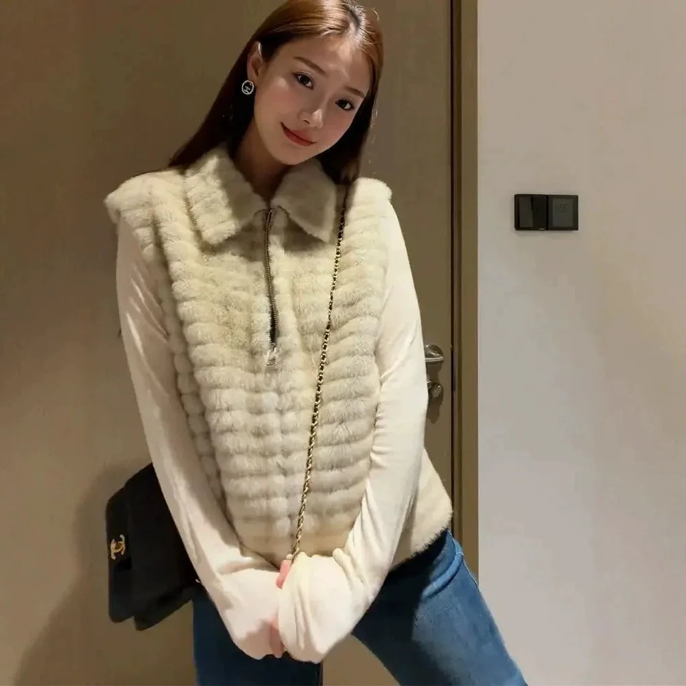 Autumn Winter Old Money Vintage Faux Mink Patchwork Knit Lapel Oversized Versatile Casual Faux Fur Coat