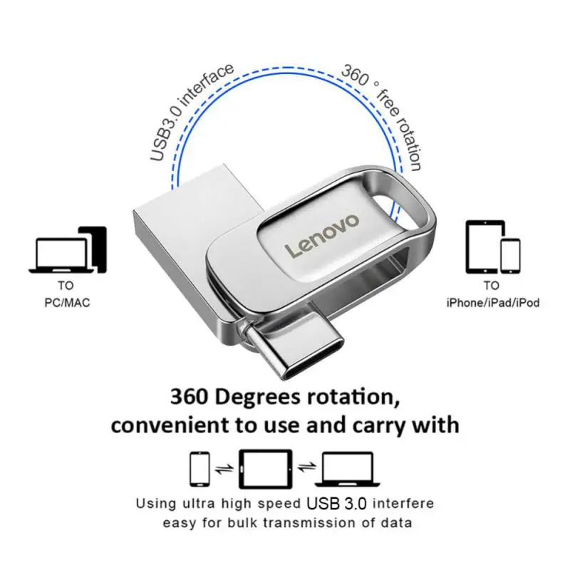 Lenovo-Clé USB 3.0 de type C haute vitesse, clé USB en métal, clé USB étanche, mémoire de stockage, 2 To, 1 To, 512 Go