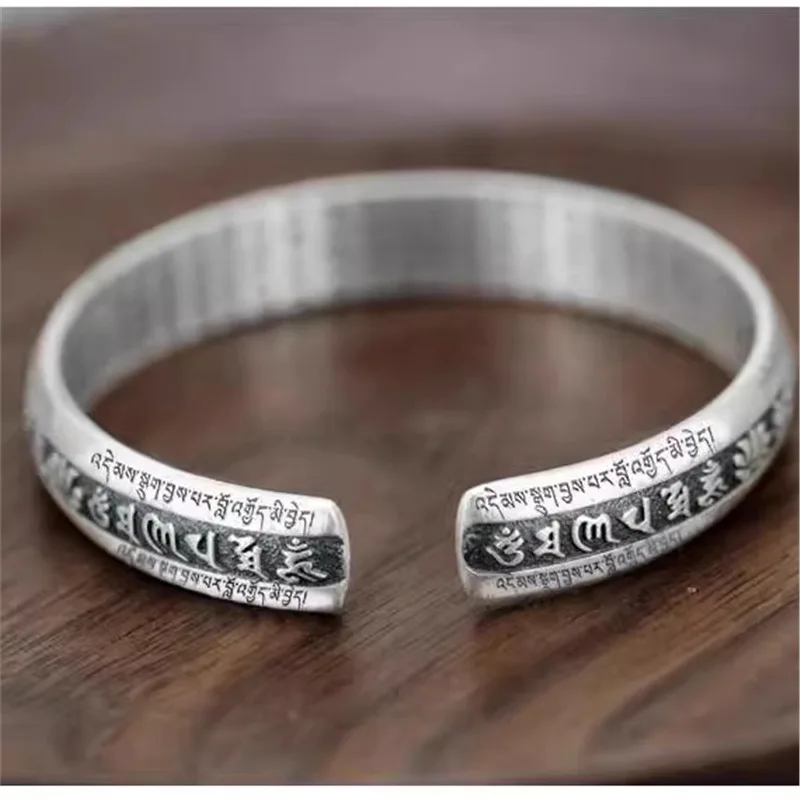 Silver S999 Six-Word Mantra Heart Sutra Women, Adjustable Lucky and Fortune-Enhancing Bracelet