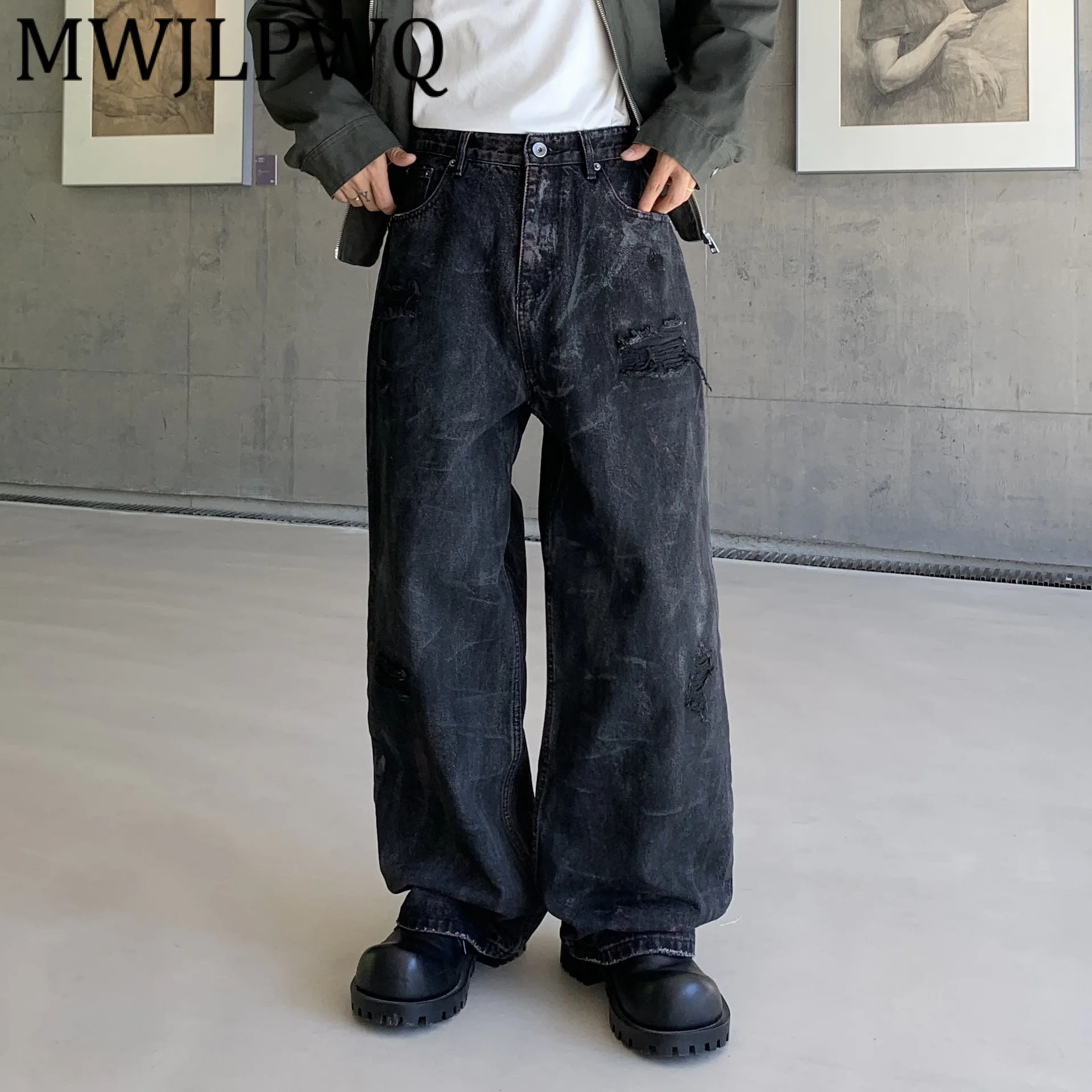 

MWJLPWQ American Style Graffiti Painted Jeans Men's Washed Vintage Trendy Wide-Leg Straight High Street Fashion Pants New 12165