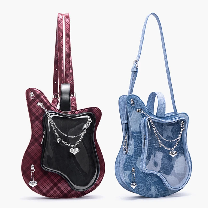Guitar-Shaped Ita Bag,Backpack With Clear Window,Women Crossbody Shoulder Bag,Sweet Edgy Polka Dot Star Chain Strap Shoulder Bag