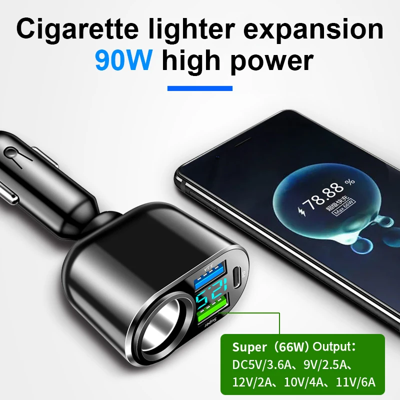 3 Ports PD+QC3.0 Car Phone Charger 12V/24V Super 66W Quick Charger 90W Car Cigarette Lighter Power Adapter Digital Voltmeter